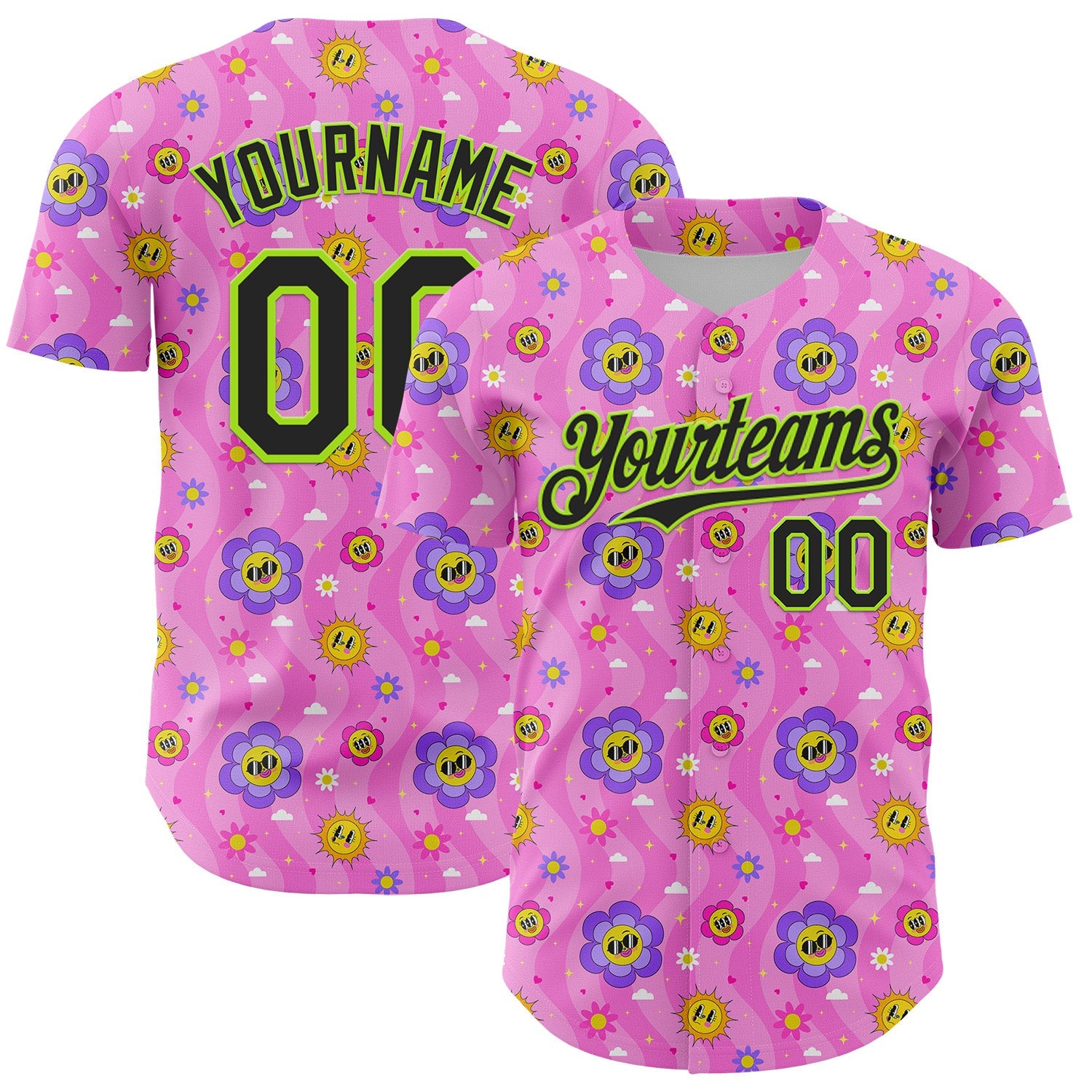 Custom Pink Black-Neon Green 3D Pattern Design Funny Cartoon Flower And Sun Authentic Baseball Jersey - Main View