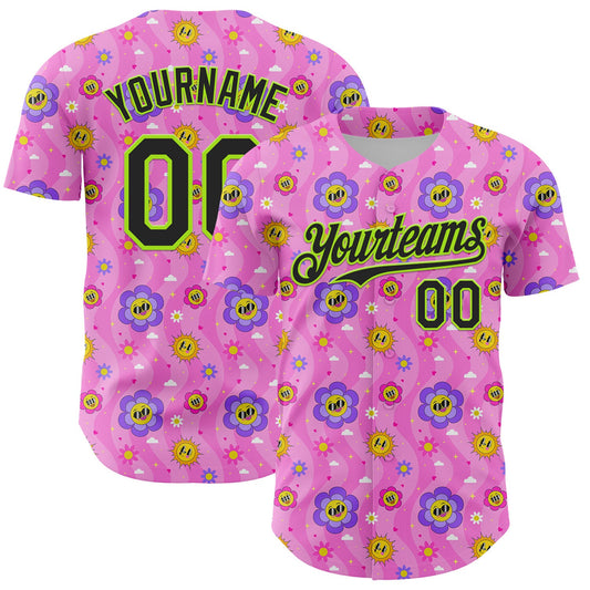 Custom Pink Black-Neon Green 3D Pattern Design Funny Cartoon Flower And Sun Authentic Baseball Jersey - Main View