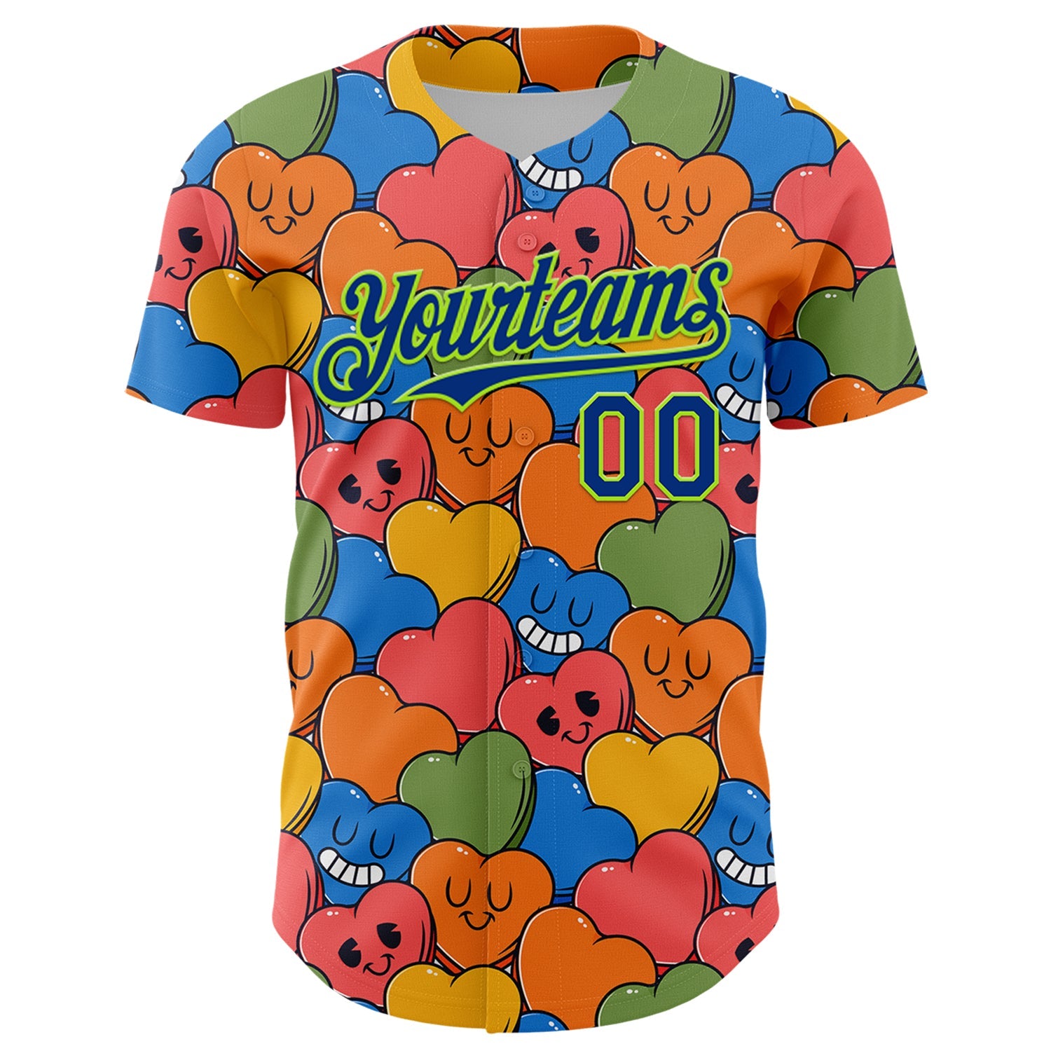 Custom White Royal-Neon Green 3D Pattern Design Funny Cartoon Heart Authentic Baseball Jersey view 2