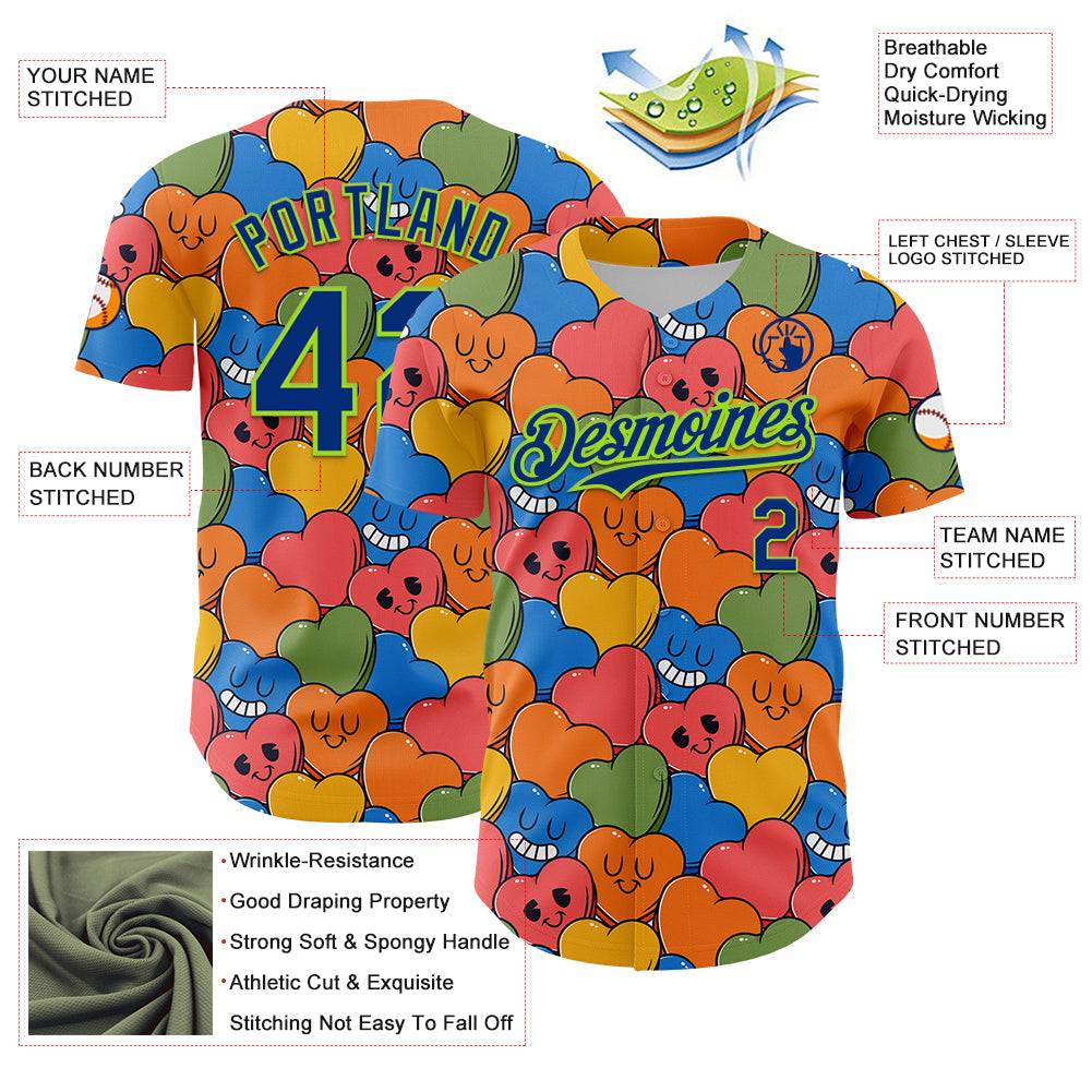 Custom White Royal-Neon Green 3D Pattern Design Funny Cartoon Heart Authentic Baseball Jersey view 3