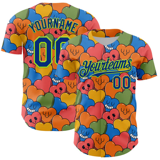 Custom White Royal-Neon Green 3D Pattern Design Funny Cartoon Heart Authentic Baseball Jersey - Main View