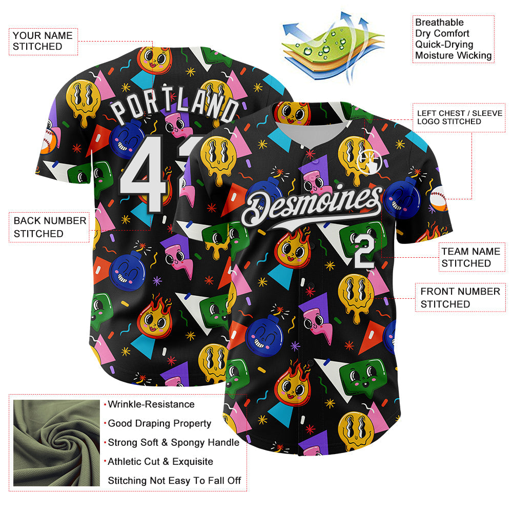 Custom Black White 3D Pattern Design Funny Cartoon Emoji Face Authentic Baseball Jersey view 3