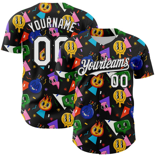 Custom Black White 3D Pattern Design Funny Cartoon Emoji Face Authentic Baseball Jersey - Main View