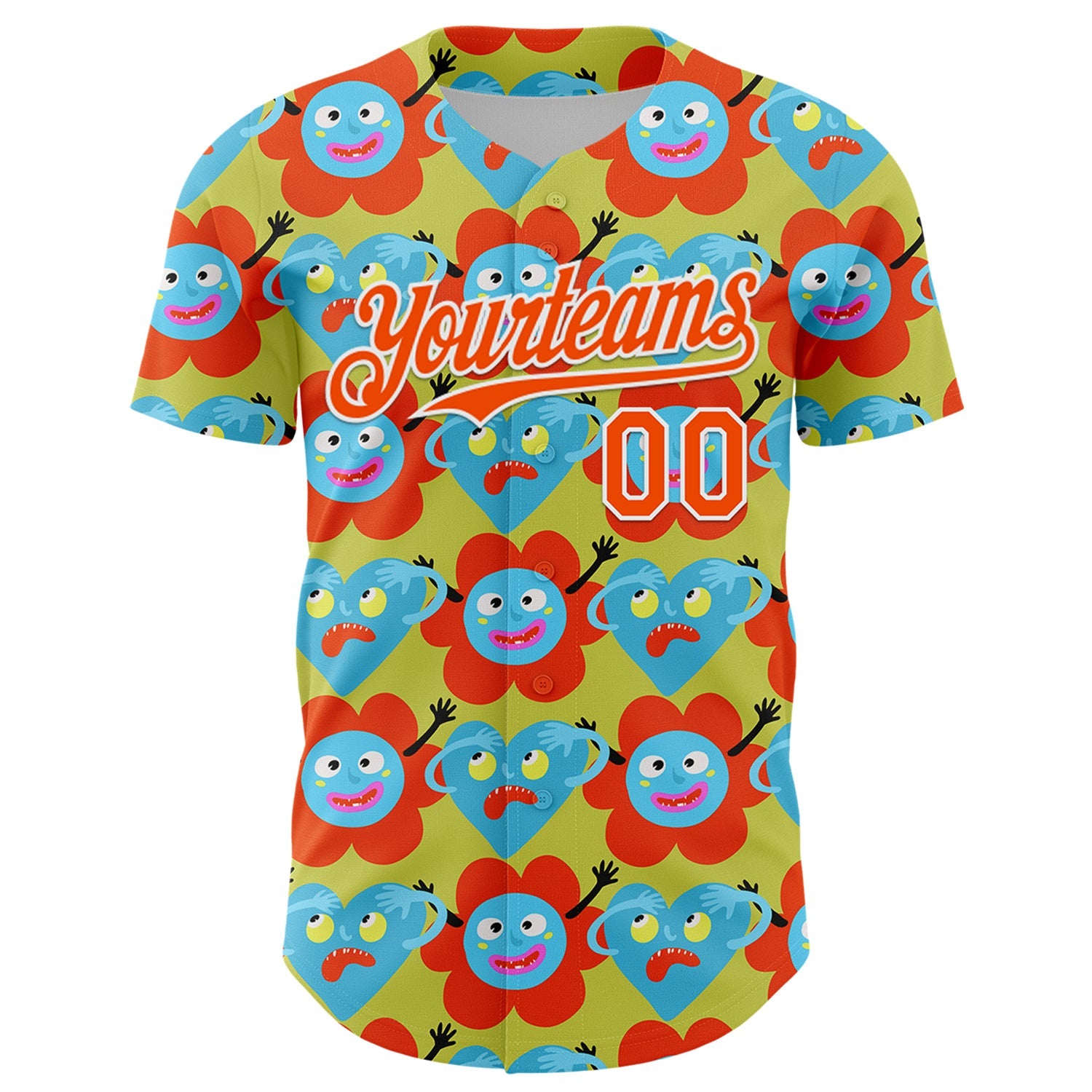 Custom Neon Yellow Orange-White 3D Pattern Design Funny Cartoon Flower And Heart Authentic Baseball Jersey view 2