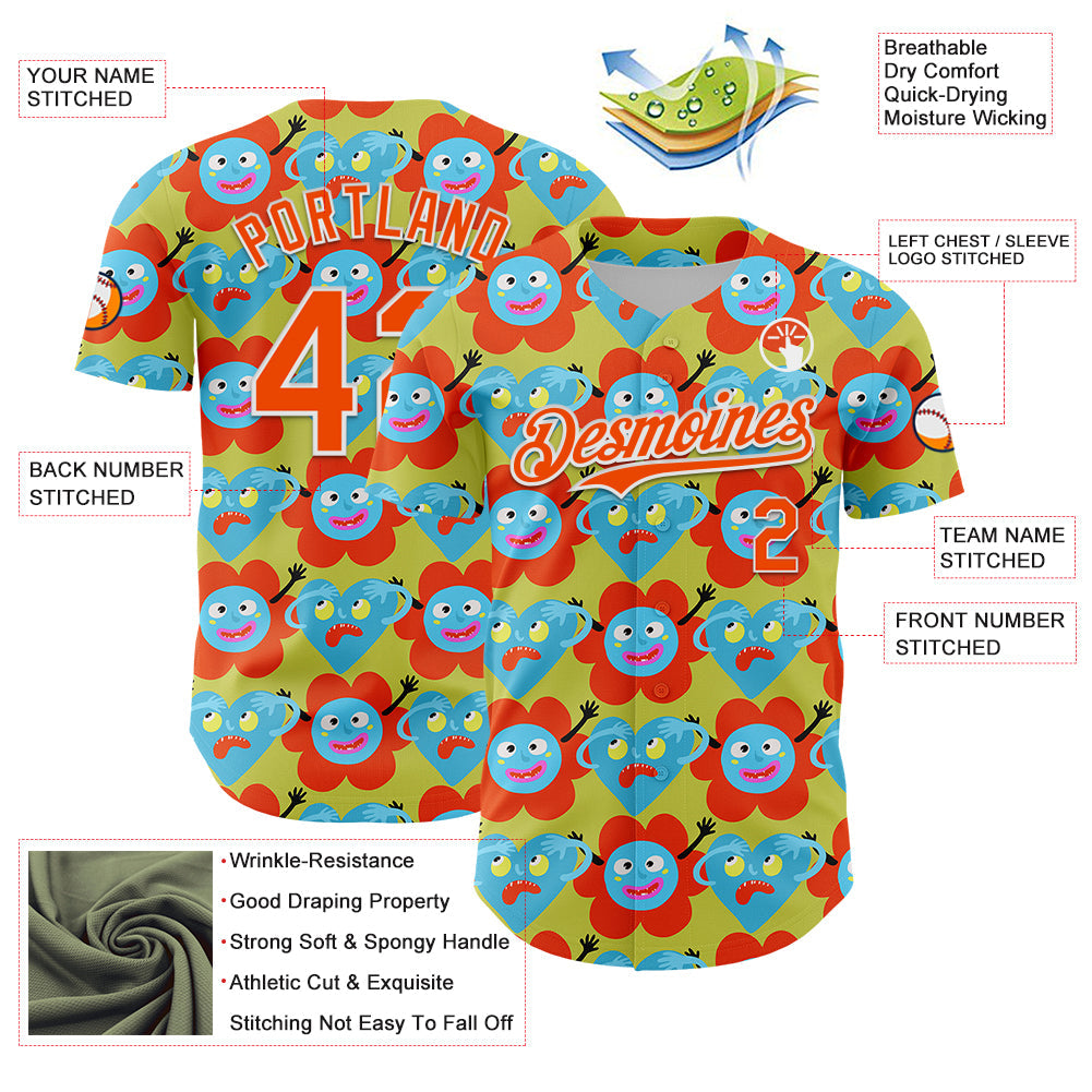 Custom Neon Yellow Orange-White 3D Pattern Design Funny Cartoon Flower And Heart Authentic Baseball Jersey view 3