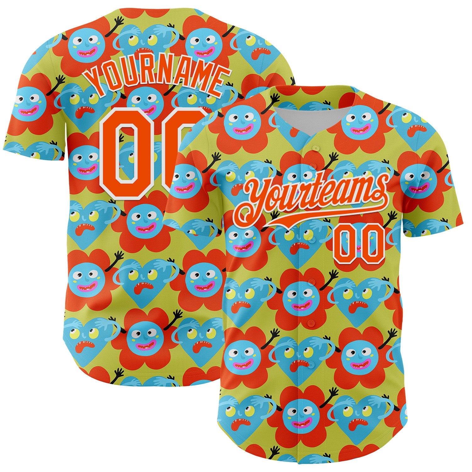 Custom Neon Yellow Orange-White 3D Pattern Design Funny Cartoon Flower And Heart Authentic Baseball Jersey - Main View