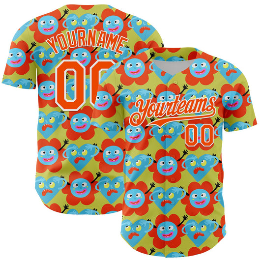 Custom Neon Yellow Orange-White 3D Pattern Design Funny Cartoon Flower And Heart Authentic Baseball Jersey - Main View