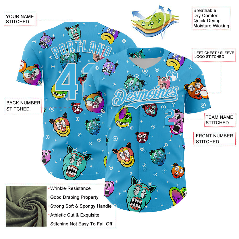 Custom Sky Blue White 3D Pattern Design Funny Cartoon Animal Authentic Baseball Jersey view 3