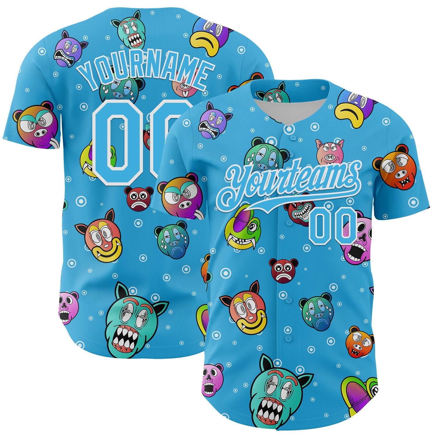 Custom Sky Blue White 3D Pattern Design Funny Cartoon Animal Authentic Baseball Jersey - Main View