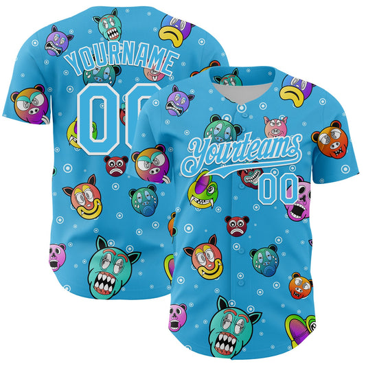 Custom Sky Blue White 3D Pattern Design Funny Cartoon Animal Authentic Baseball Jersey - Main View