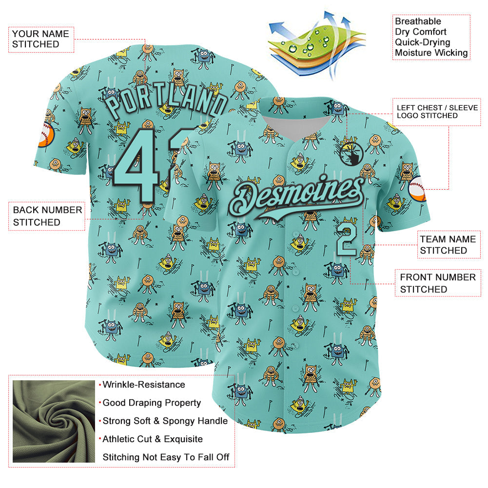 Custom Ice Blue Black 3D Pattern Design Funny Cartoon Monster Authentic Baseball Jersey view 3
