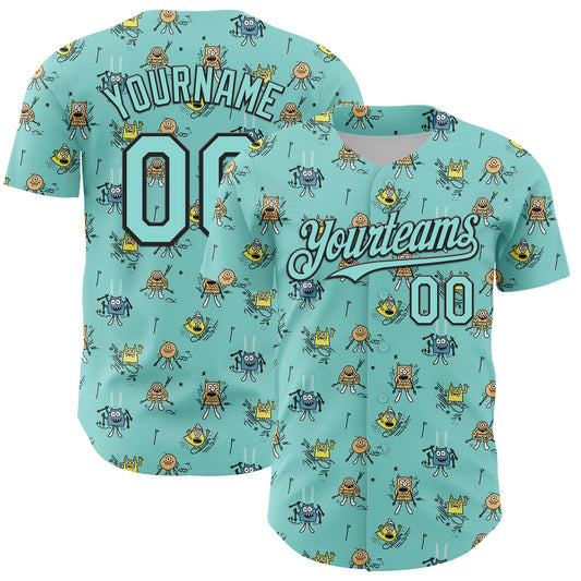Custom Ice Blue Black 3D Pattern Design Funny Cartoon Monster Authentic Baseball Jersey - Main View