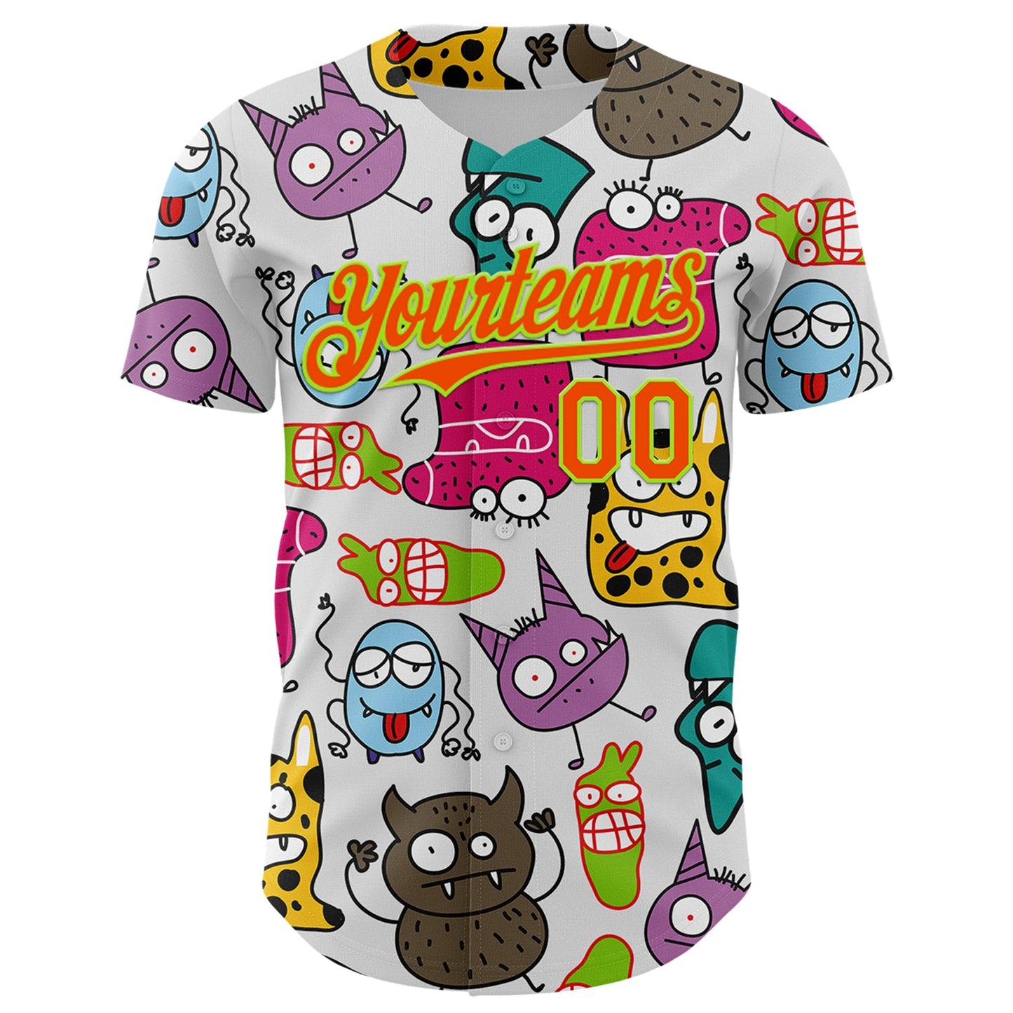 Custom White Orange-Neon Green 3D Pattern Design Funny Cartoon Monster Authentic Baseball Jersey view 2