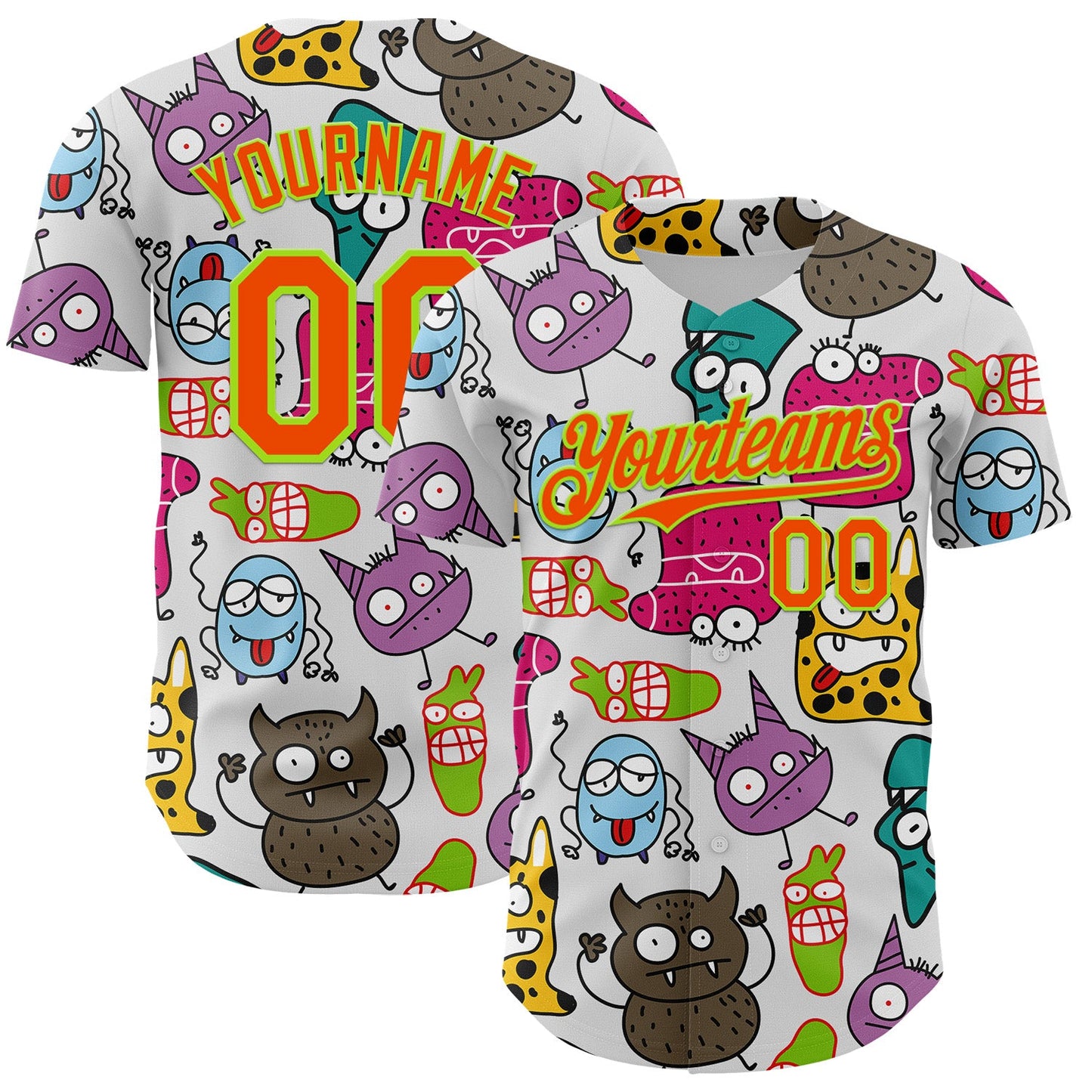 Custom White Orange-Neon Green 3D Pattern Design Funny Cartoon Monster Authentic Baseball Jersey - Main View