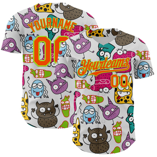 Custom White Orange-Neon Green 3D Pattern Design Funny Cartoon Monster Authentic Baseball Jersey - Main View