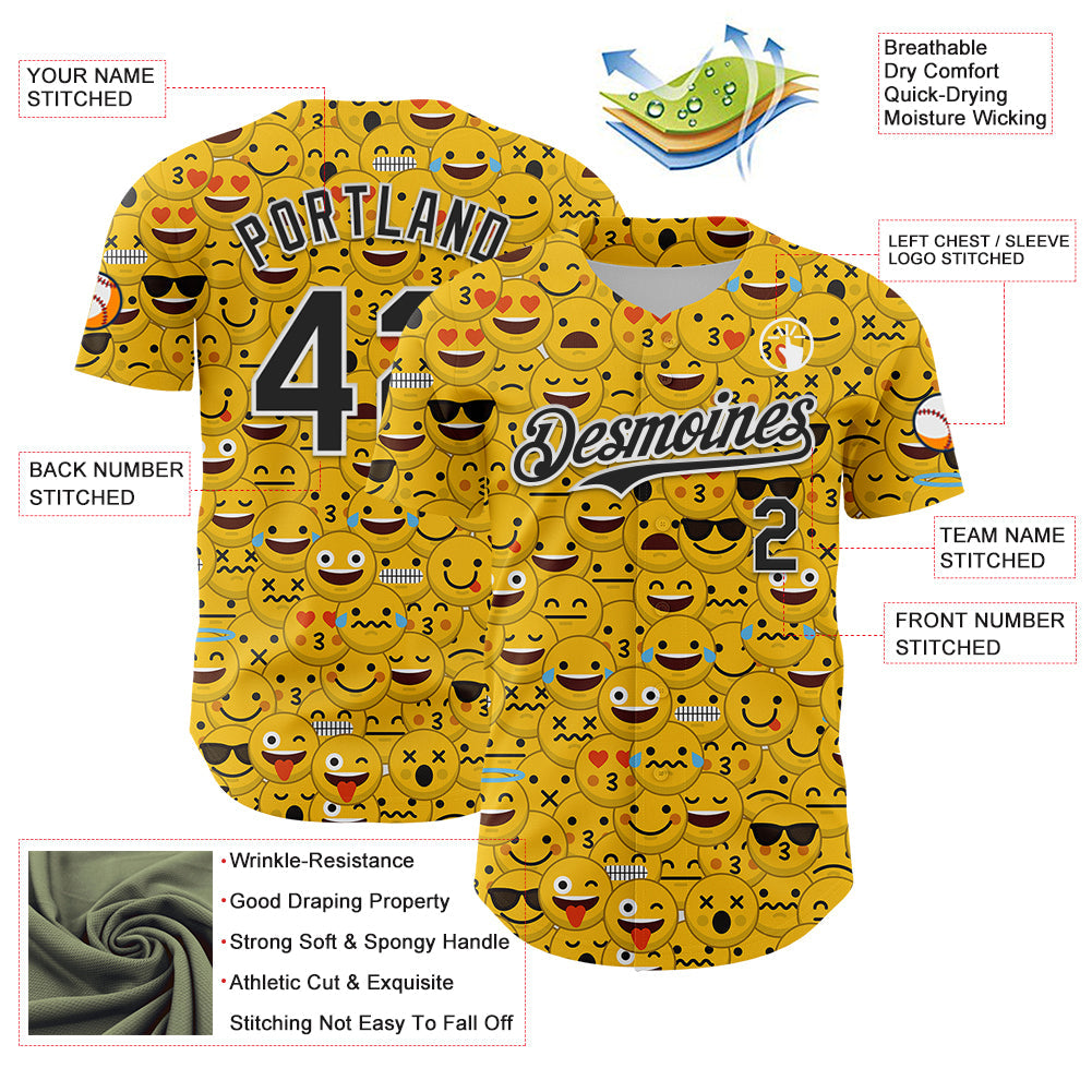 Custom Gold Black-White 3D Pattern Design Funny Cartoon Emoji Face Authentic Baseball Jersey view 3