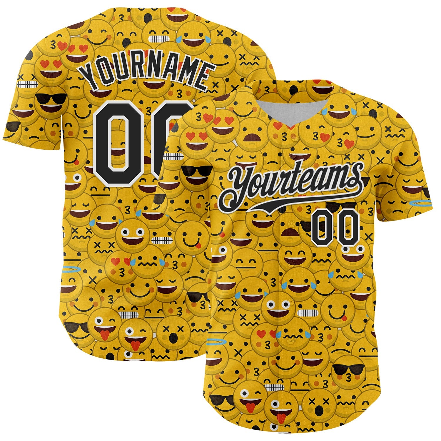Custom Gold Black-White 3D Pattern Design Funny Cartoon Emoji Face Authentic Baseball Jersey - Main View