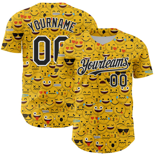 Custom Gold Black-White 3D Pattern Design Funny Cartoon Emoji Face Authentic Baseball Jersey - Main View