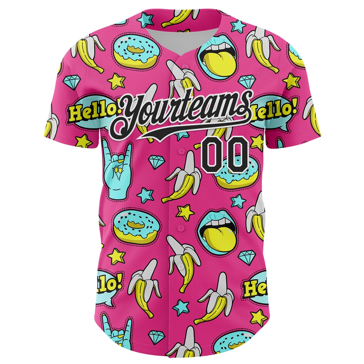 Custom Pink Black-White 3D Pattern Design Funny Cartoon Food Donut And Fruit Banana Authentic Baseball Jersey view 2