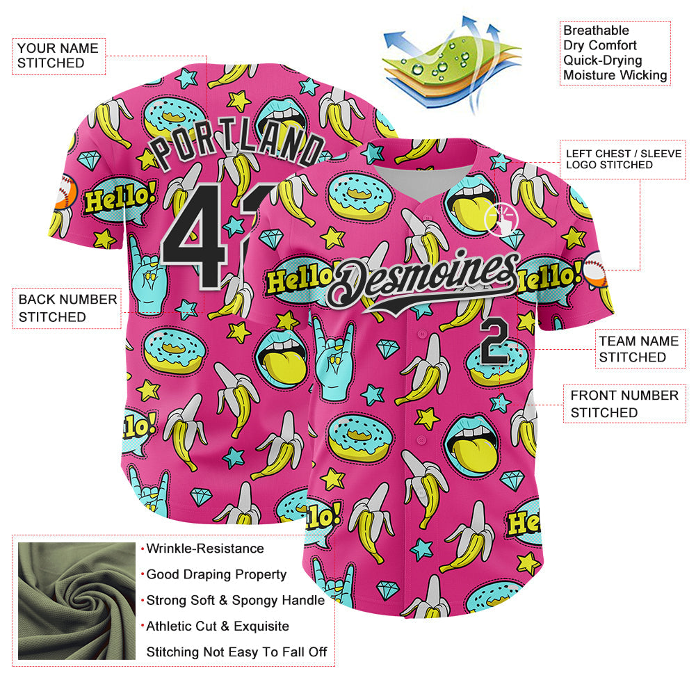 Custom Pink Black-White 3D Pattern Design Funny Cartoon Food Donut And Fruit Banana Authentic Baseball Jersey view 3