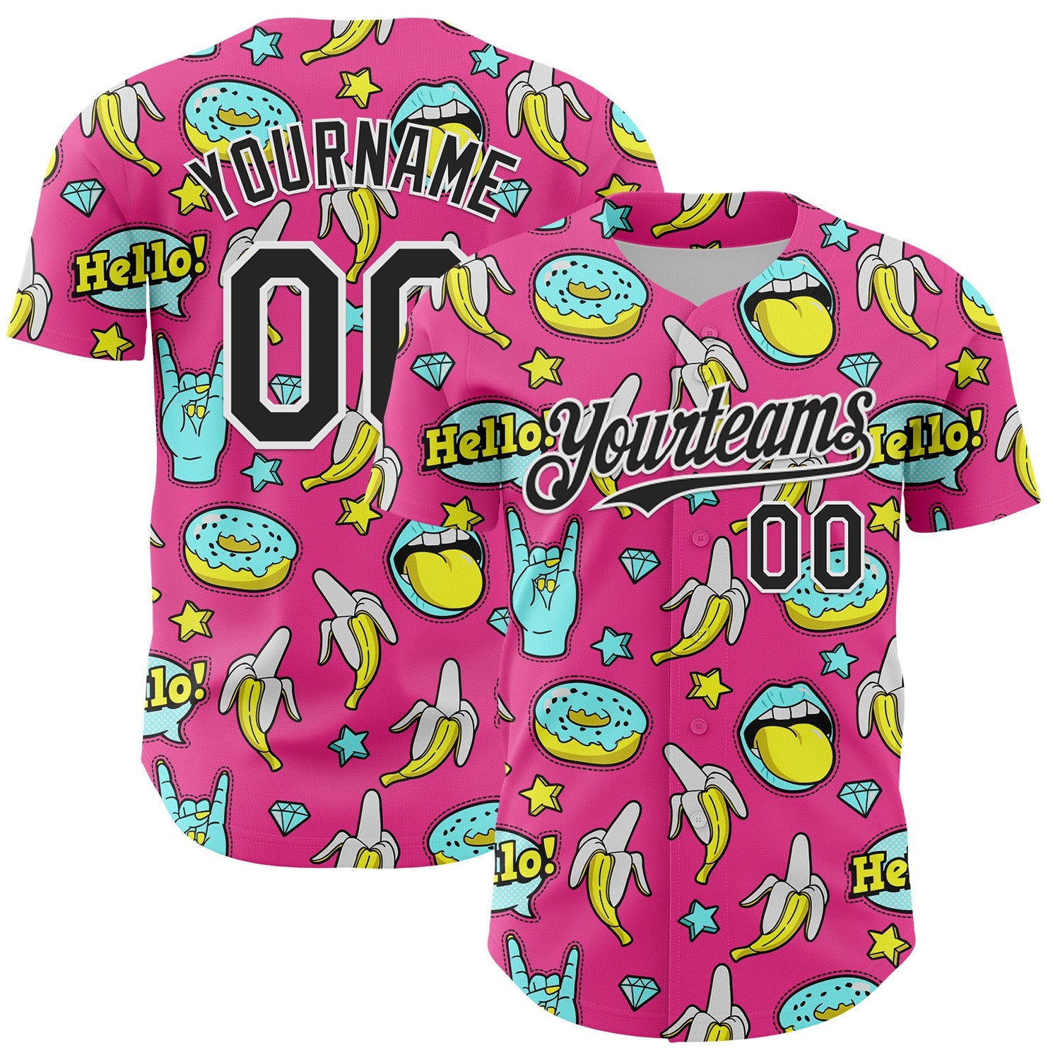 Custom Pink Black-White 3D Pattern Design Funny Cartoon Food Donut And Fruit Banana Authentic Baseball Jersey - Main View