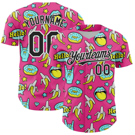 Custom Pink Black-White 3D Pattern Design Funny Cartoon Food Donut And Fruit Banana Authentic Baseball Jersey - Main View