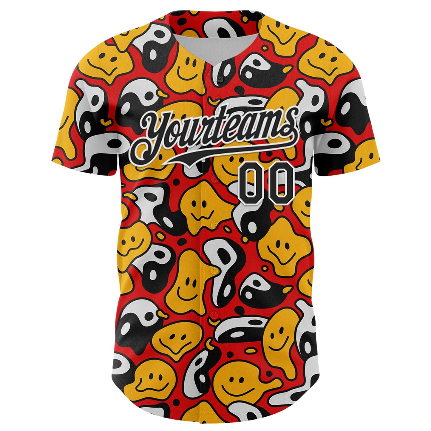 Custom Red Black-White 3D Pattern Design Funny Cartoon Emoji Smile Face And Yin Yang Authentic Baseball Jersey view 2