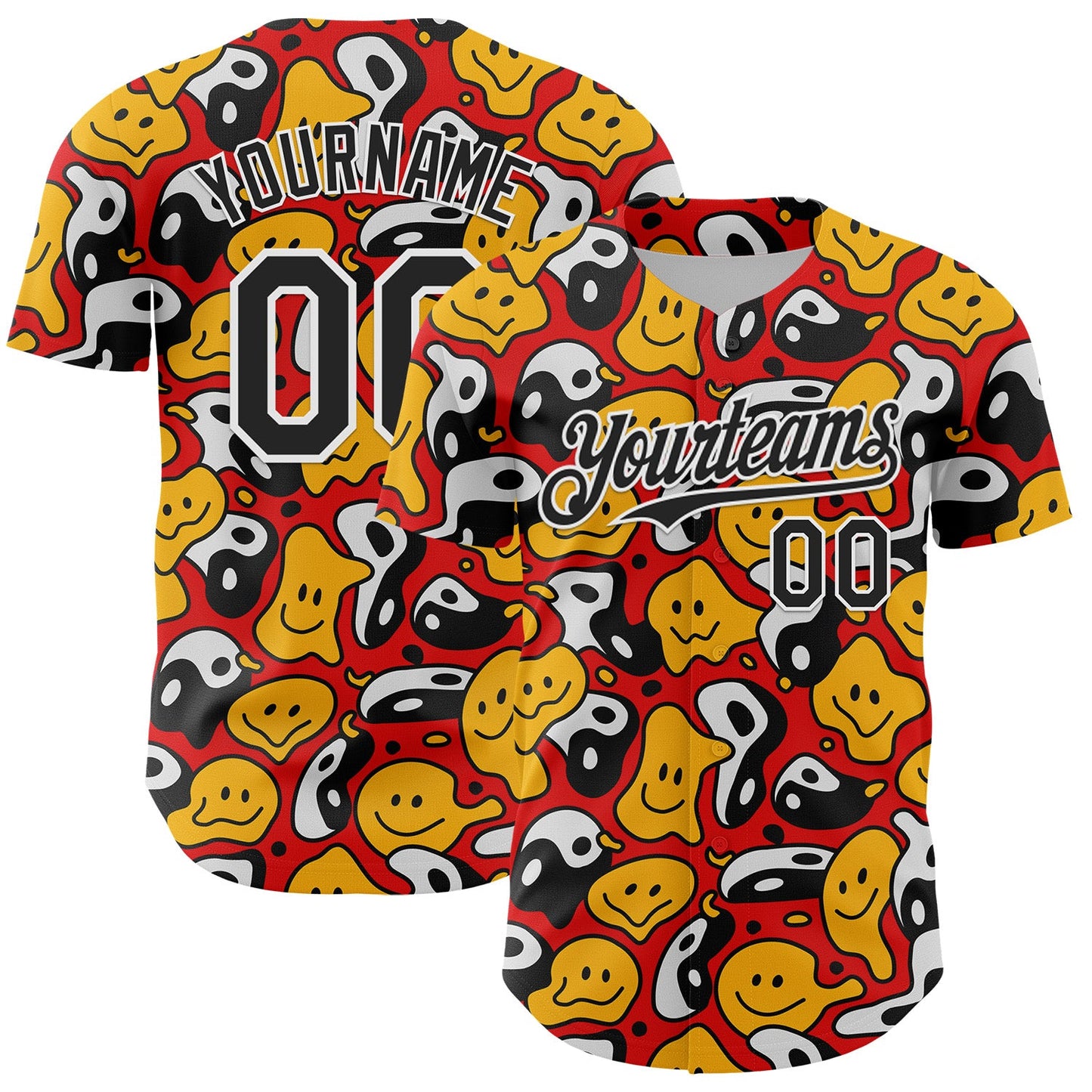 Custom Red Black-White 3D Pattern Design Funny Cartoon Emoji Smile Face And Yin Yang Authentic Baseball Jersey - Main View
