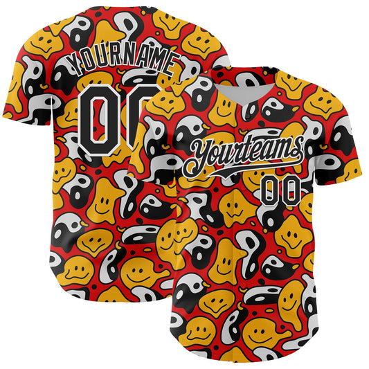 Custom Red Black-White 3D Pattern Design Funny Cartoon Emoji Smile Face And Yin Yang Authentic Baseball Jersey - Main View