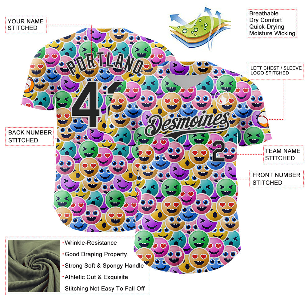 Custom White Black 3D Pattern Design Funny Cartoon Emoji Face Authentic Baseball Jersey view 3