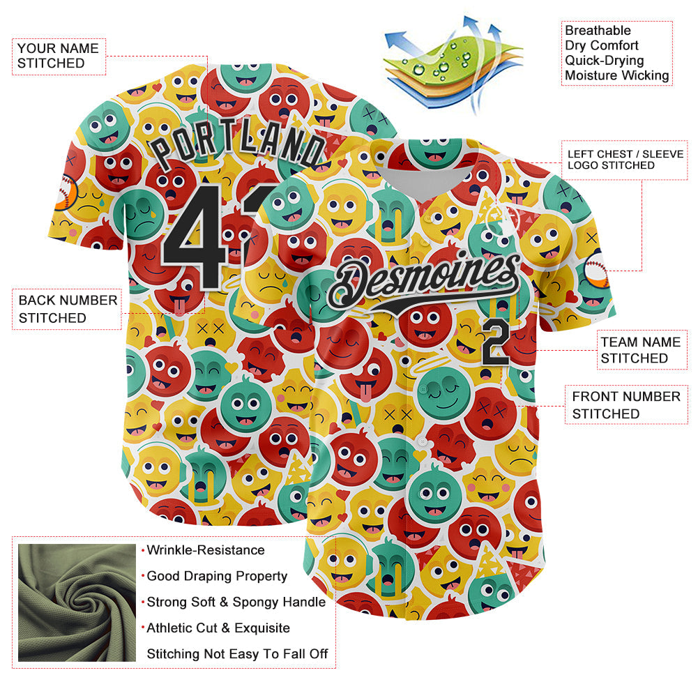 Custom White Black 3D Pattern Design Funny Cartoon Emoji Face Authentic Baseball Jersey view 3