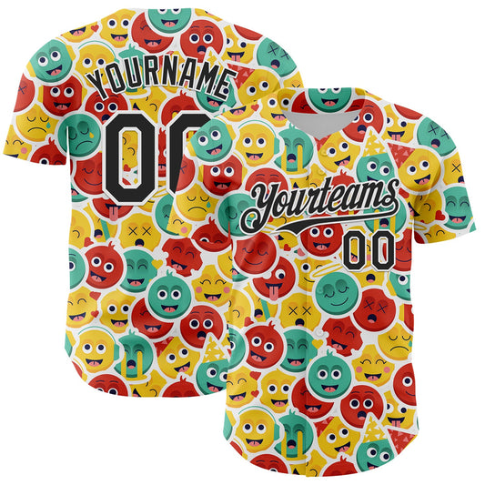 Custom White Black 3D Pattern Design Funny Cartoon Emoji Face Authentic Baseball Jersey - Main View