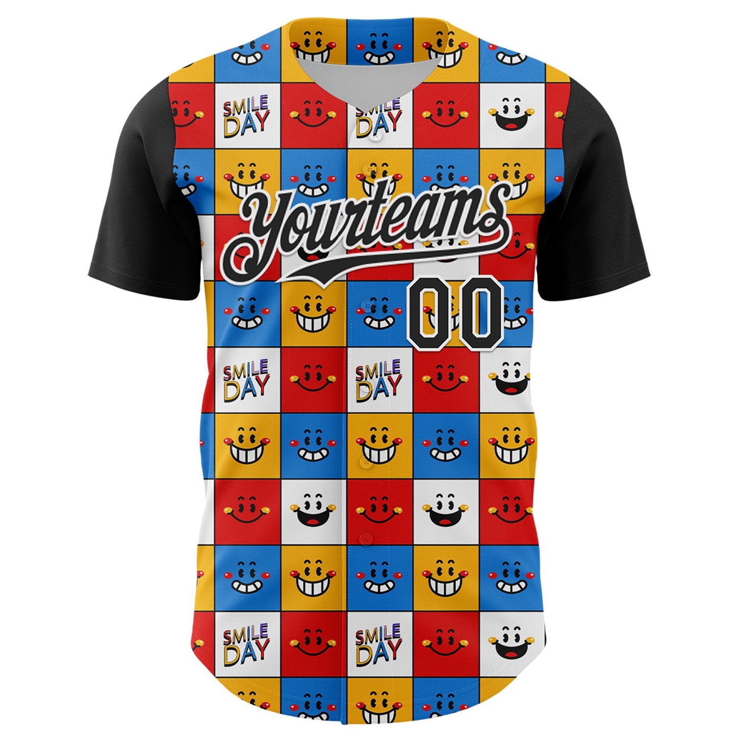 Custom White Black 3D Pattern Design Funny Cartoon Emoji Smile Face Authentic Baseball Jersey view 2
