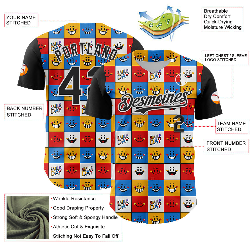 Custom White Black 3D Pattern Design Funny Cartoon Emoji Smile Face Authentic Baseball Jersey view 3