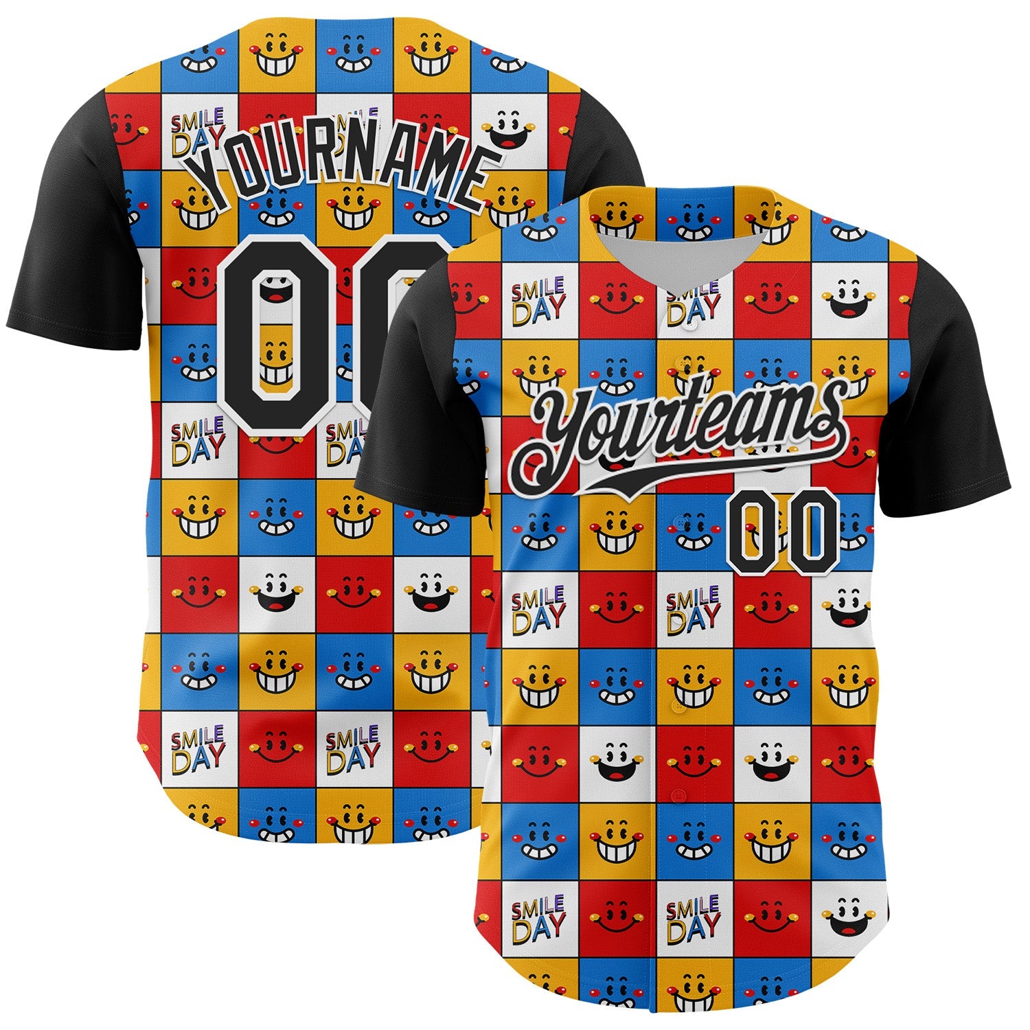 Custom White Black 3D Pattern Design Funny Cartoon Emoji Smile Face Authentic Baseball Jersey - Main View