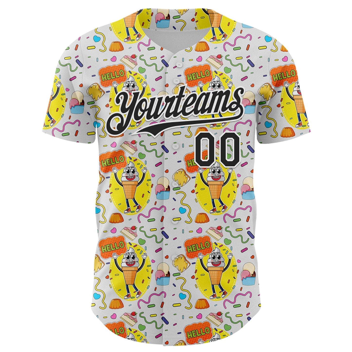 Custom White Black 3D Pattern Design Funny Cartoon Food Dessert Ice Ceam Authentic Baseball Jersey view 2