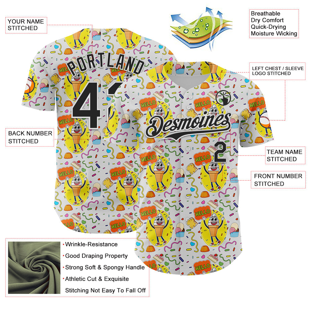 Custom White Black 3D Pattern Design Funny Cartoon Food Dessert Ice Ceam Authentic Baseball Jersey view 3