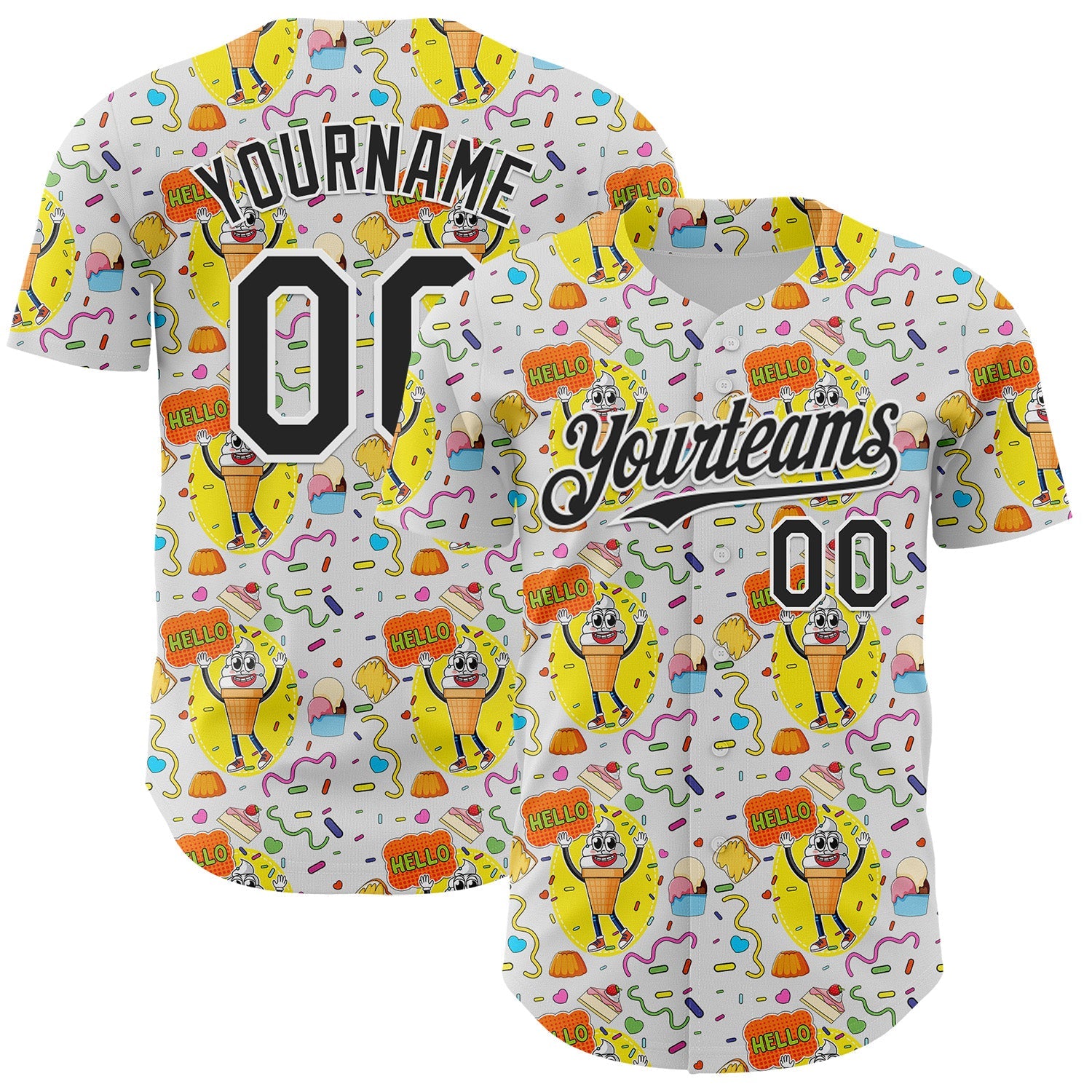 Custom White Black 3D Pattern Design Funny Cartoon Food Dessert Ice Ceam Authentic Baseball Jersey - Main View