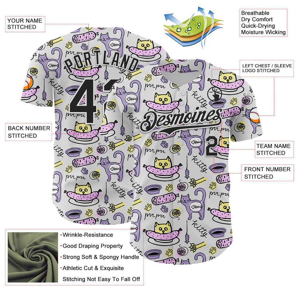 Custom White Black 3D Pattern Design Funny Cartoon Animal Cat And Dog Authentic Baseball Jersey view 3