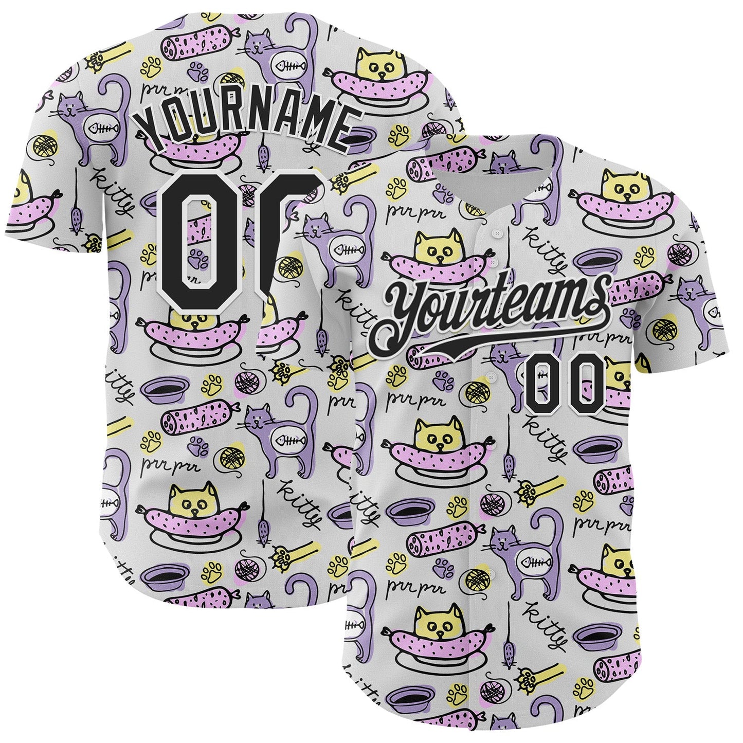 Custom White Black 3D Pattern Design Funny Cartoon Animal Cat And Dog Authentic Baseball Jersey - Main View