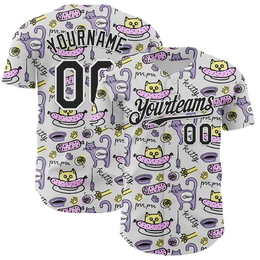 Custom White Black 3D Pattern Design Funny Cartoon Animal Cat And Dog Authentic Baseball Jersey - Main View