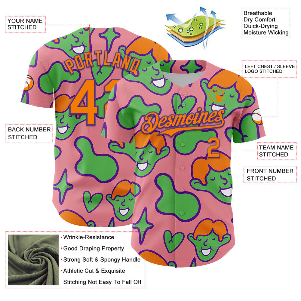 Custom Medium Pink Bay Orange-Purple 3D Pattern Design Funny Cartoon Kid Authentic Baseball Jersey view 3