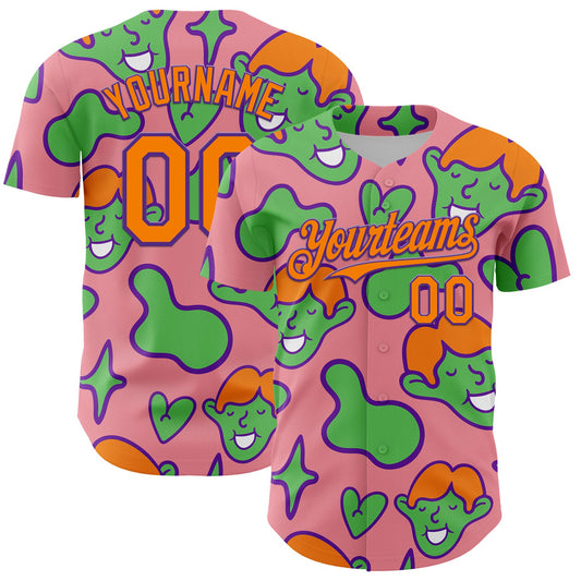 Custom Medium Pink Bay Orange-Purple 3D Pattern Design Funny Cartoon Kid Authentic Baseball Jersey - Main View