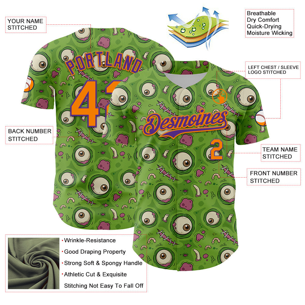 Custom Green Bay Orange-Purple 3D Pattern Design Funny Cartoon Monster Authentic Baseball Jersey view 3