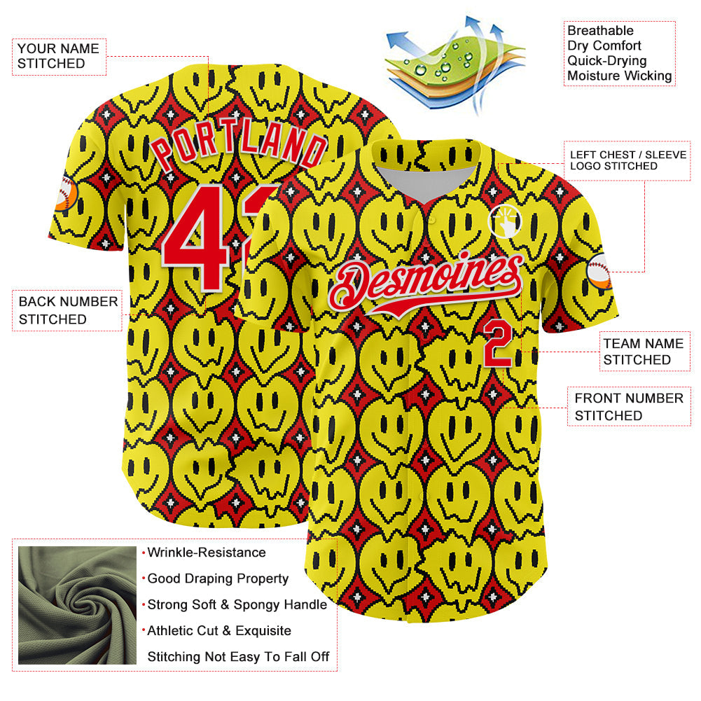Custom Fire Red White 3D Pattern Design Funny Cartoon Emoji Smile Face Authentic Baseball Jersey view 3