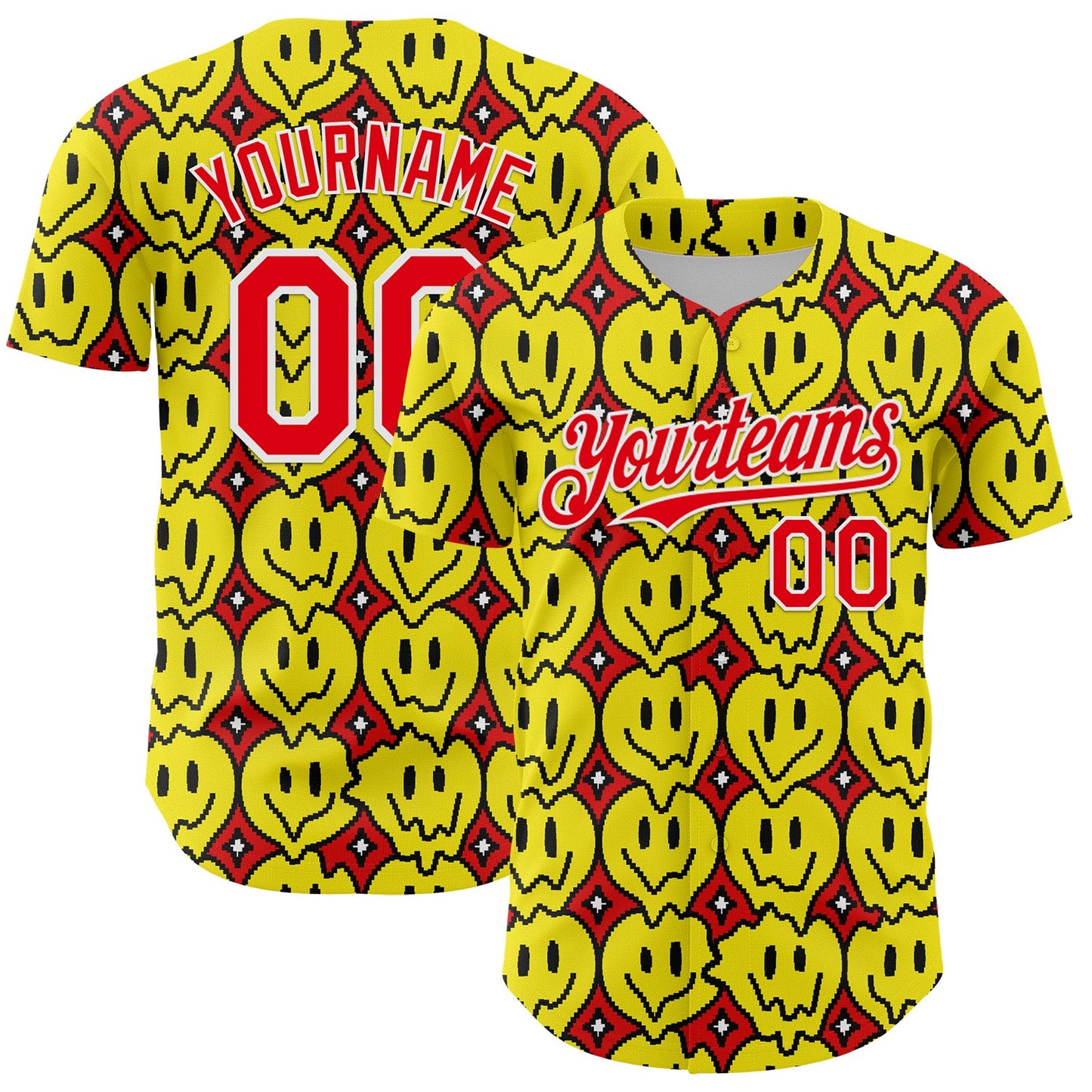 Custom Fire Red White 3D Pattern Design Funny Cartoon Emoji Smile Face Authentic Baseball Jersey - Main View