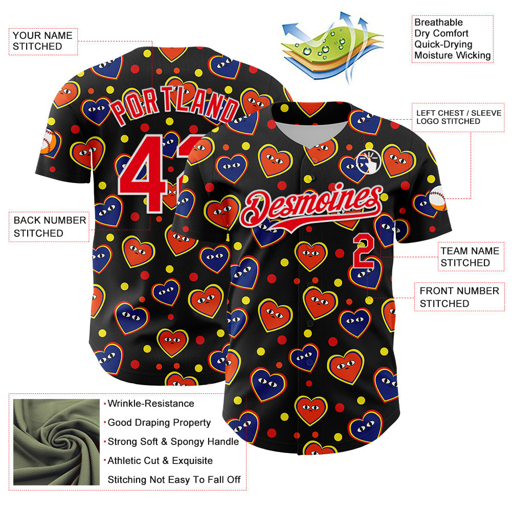 Custom Black Fire Red-White 3D Pattern Design Funny Cartoon Heart Authentic Baseball Jersey view 3