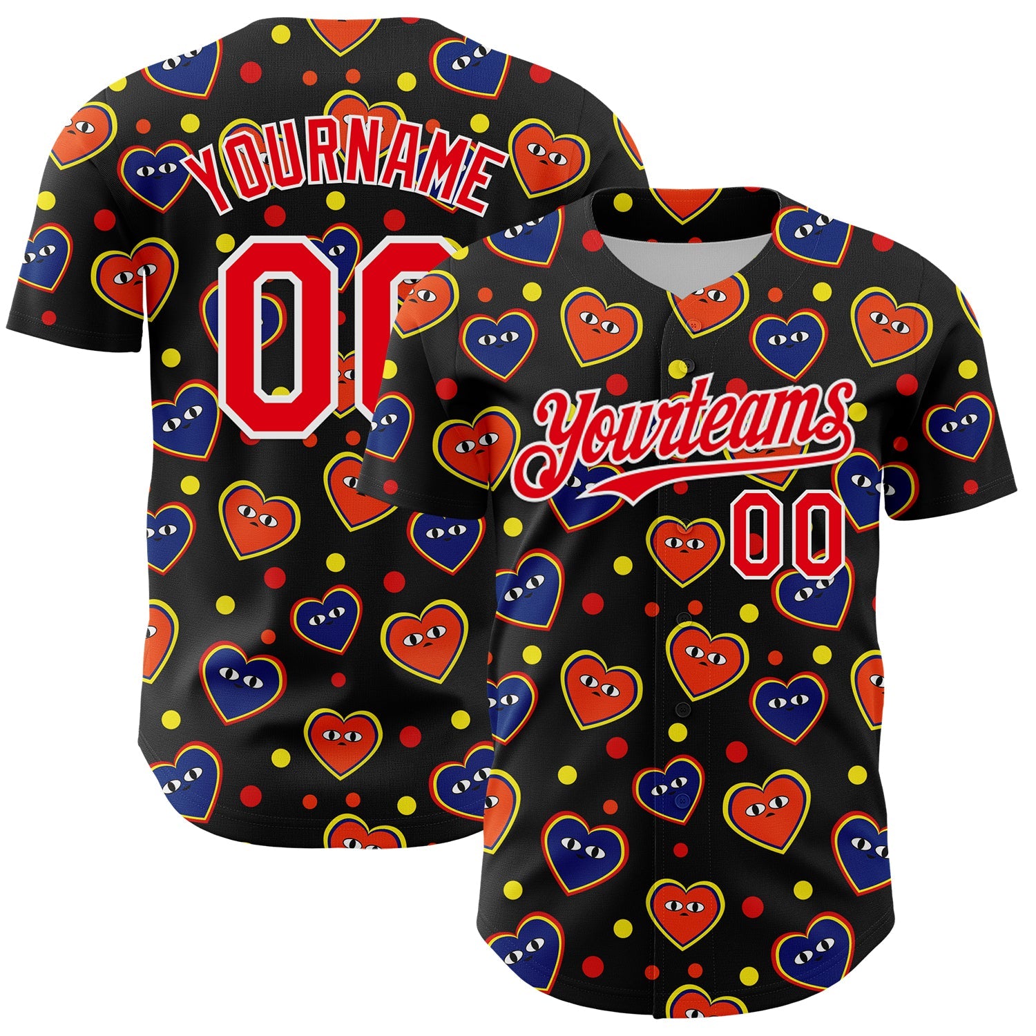 Custom Black Fire Red-White 3D Pattern Design Funny Cartoon Heart Authentic Baseball Jersey - Main View