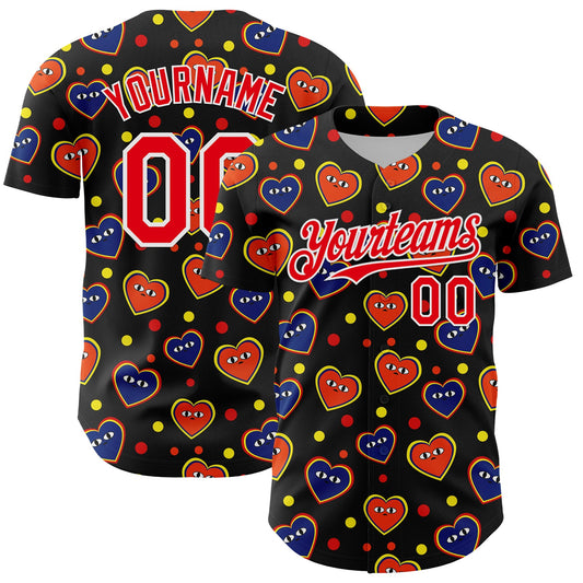 Custom Black Fire Red-White 3D Pattern Design Funny Cartoon Heart Authentic Baseball Jersey - Main View