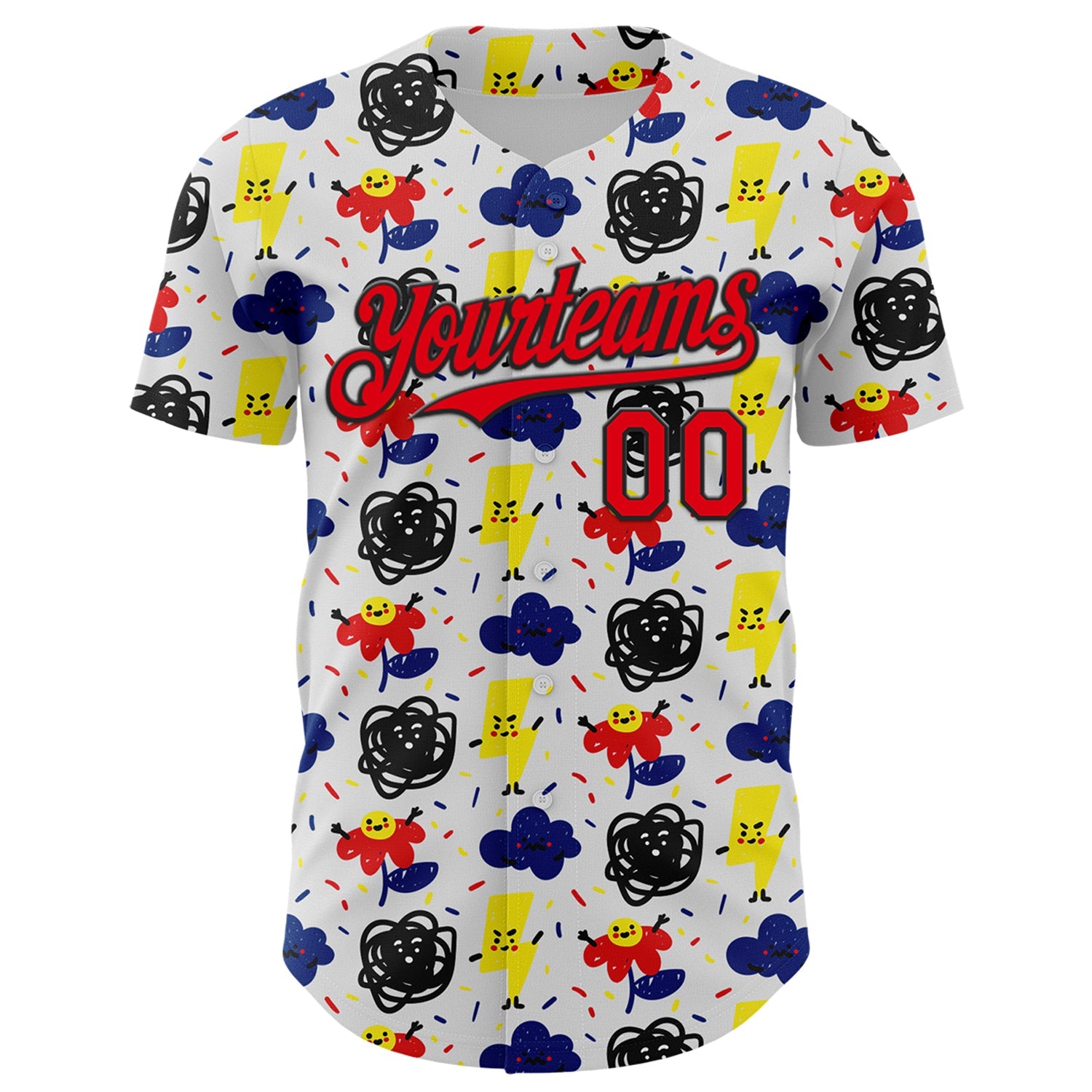Custom White Fire Red-Black 3D Pattern Design Funny Cartoon Flower Cloud Lightning Authentic Baseball Jersey view 2